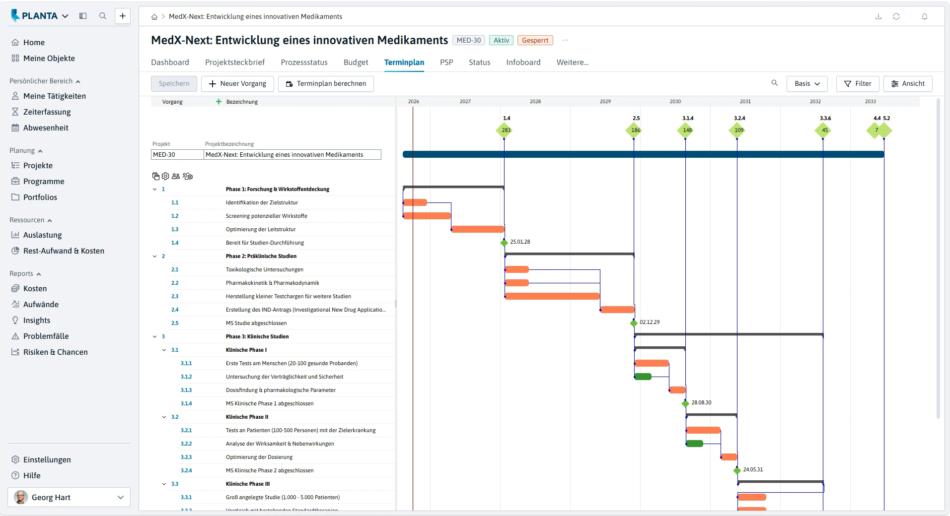 Terminplan in PLANTA Project mit Projektstruktur und zeitlicher Planung im Gantt-Diagramm