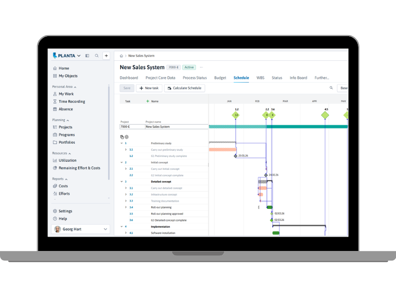 overview of project time scheduling and milestone tracking in PLANTA project