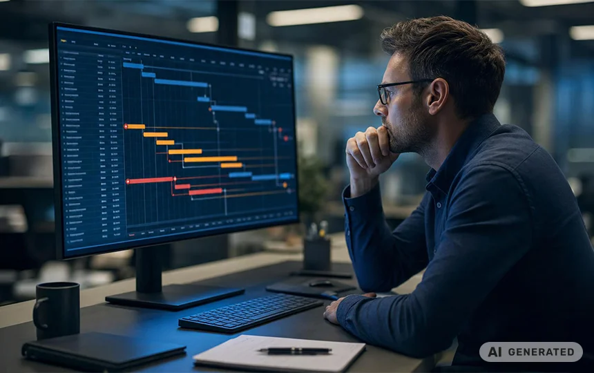 Projektmanager analysiert digitales Gantt-Diagramm