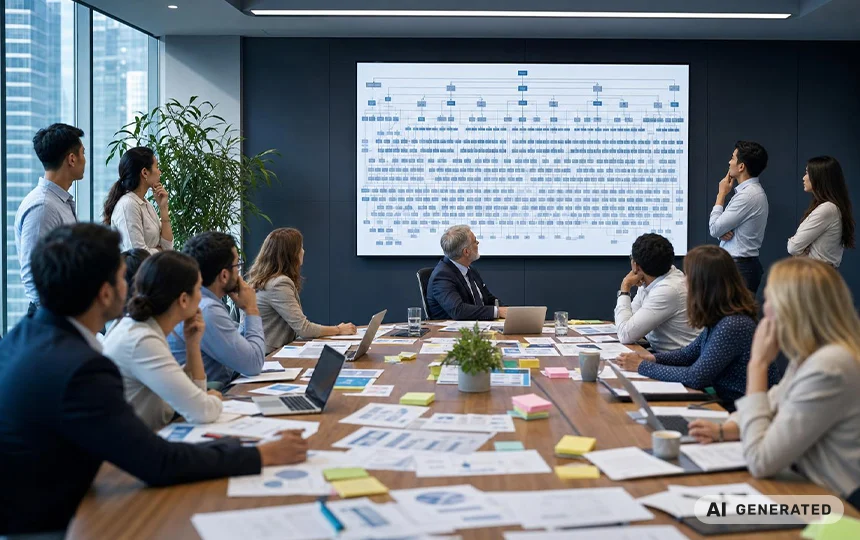 Projektteam bespricht ein komplexes Organigramm mit vielen Hierarchieebenen Projektteam bespricht ein komplexes Organigramm mit vielen Hierarchieebenen