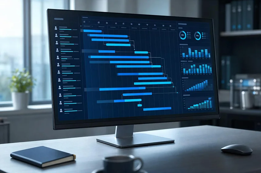 Monitor mit Gantt-Diagramm und Auslastungsübersicht zur Kapazitätsplanung Monitor mit Gantt-Diagramm und Auslastungsübersicht zur Kapazitätsplanung