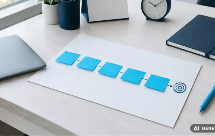 Fünf blaue Haftnotizen führen auf einem Schreibtisch zu einer Zielscheibe – Sinnbild für die fünf SMART-Kriterien