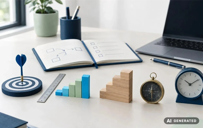 Zielscheibe, Lineal, Balkendiagramm, Holztreppe, Kompass und Uhr als Symbole für SMART-Ziele im Projektmanagement Zielscheibe, Lineal, Balkendiagramm, Holztreppe, Kompass und Uhr als Symbole für SMART-Ziele im Projektmanagement
