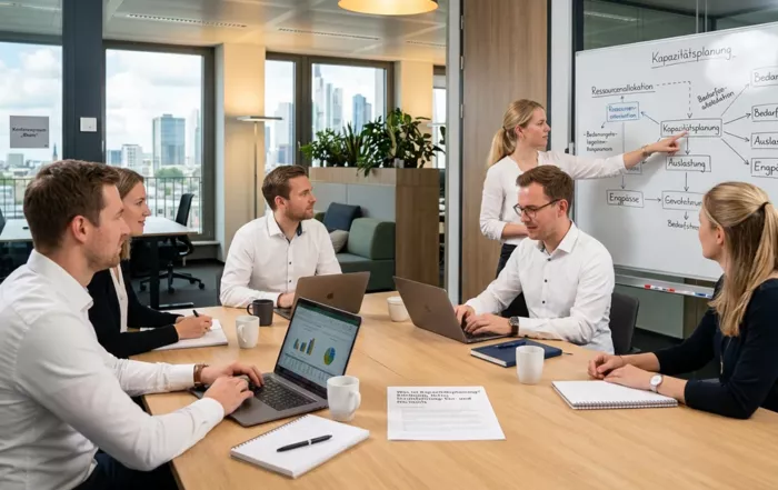 Teammeeting vor Whiteboard mit Kapazitätsplanungs-Diagramm