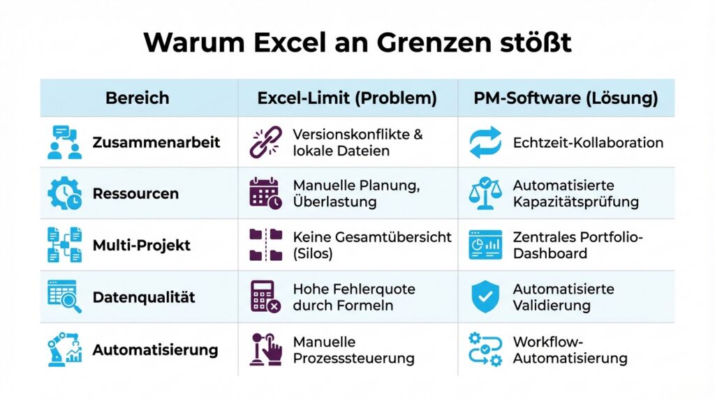 Vergleichstabelle: Excel-Limits gegenüber professionellen PM-Software-Lösungen. Vergleichstabelle: Excel-Limits gegenüber professionellen PM-Software-Lösungen.