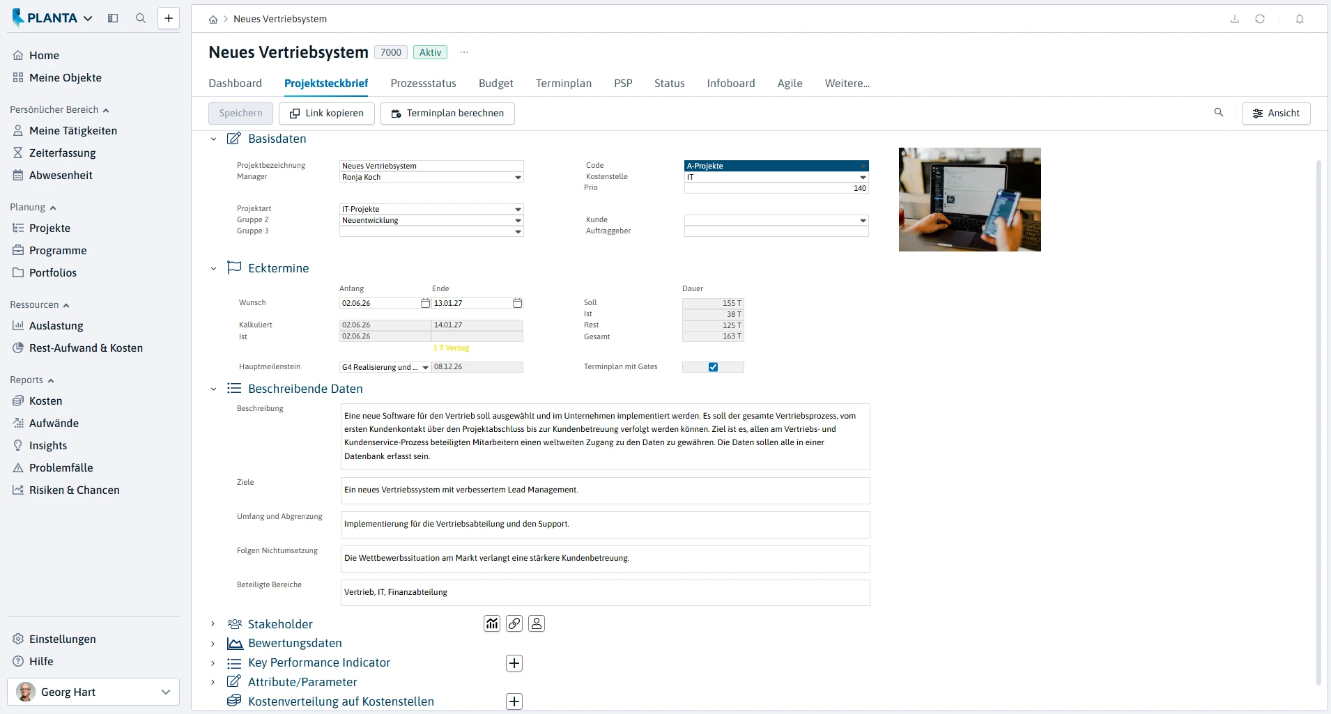 Projektsteckbrief in PLANTA Project mit Eckdaten, Terminen und Informationen zum Projekt