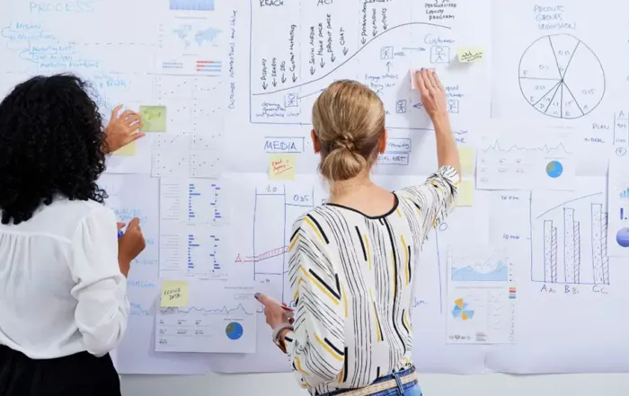 Zwei Personen planen die Ressourcen eines Projekts an einem Whiteboard. Ressourcenplanung im Projektmanagement.