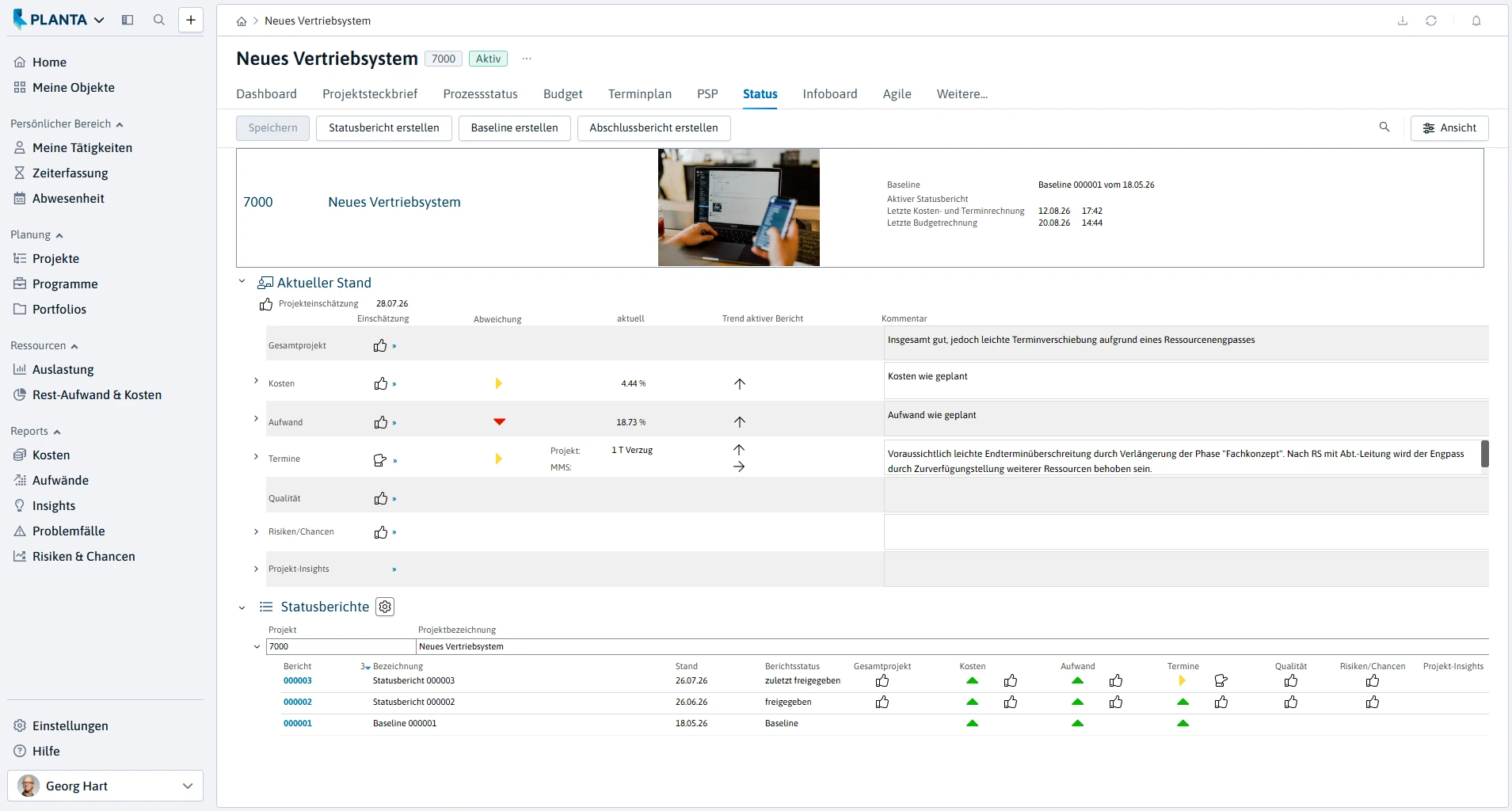 Projektstatus in PLANTA Project mit aktueller Projekteinschätzung und Statusberichte